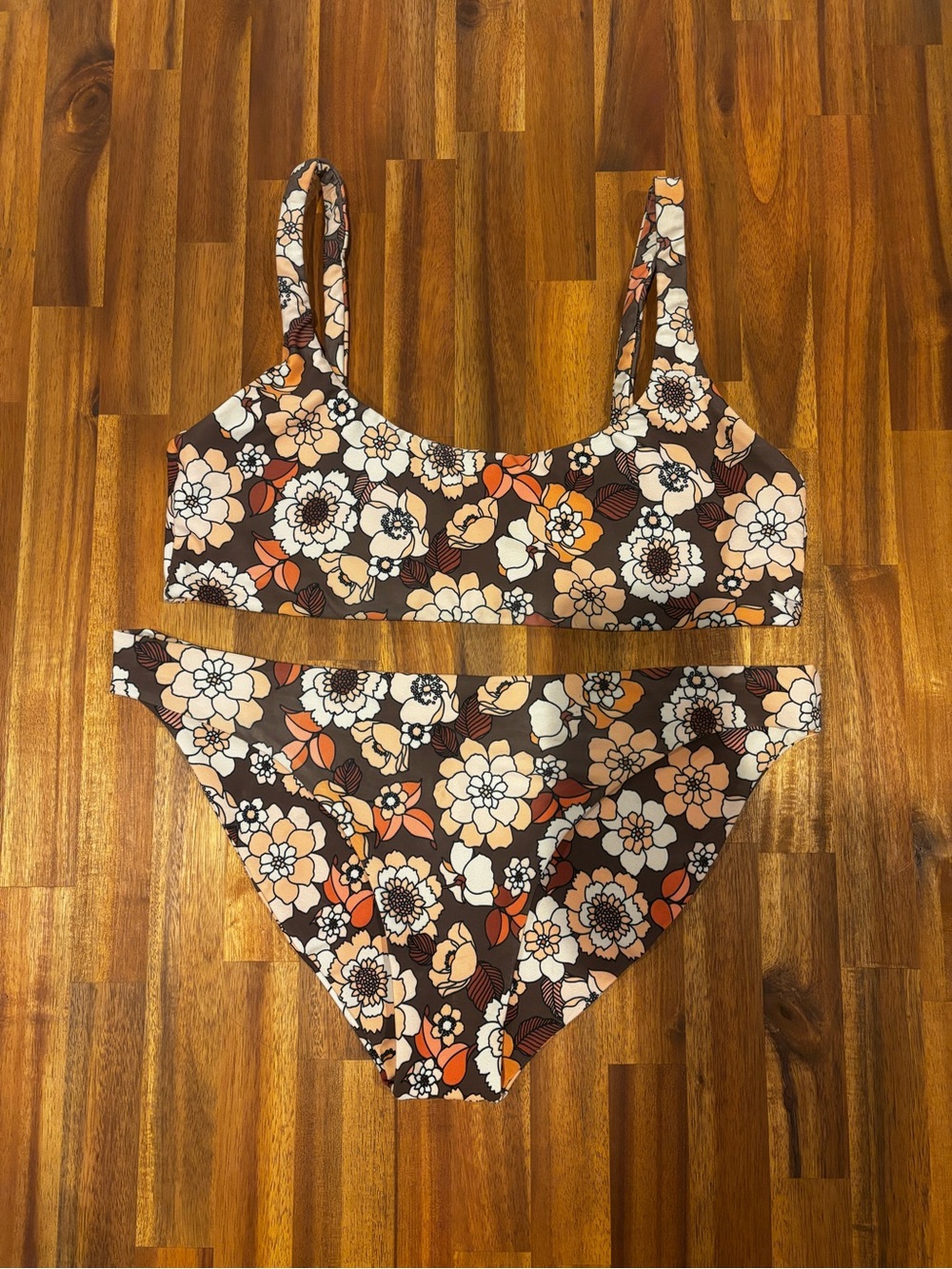 SKATIE Bikini Swimsuit Set Retro Floral Two-Piece Bikini Brown, Cream & Orange M